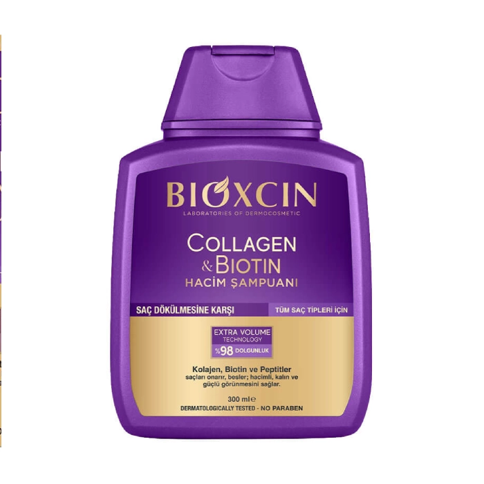 Bioxcin-Collagen-Biotin-Hair-Shampoo شامپو ضد ریزش بیوکسین بنفش حاوی کلاژن و بیوتین